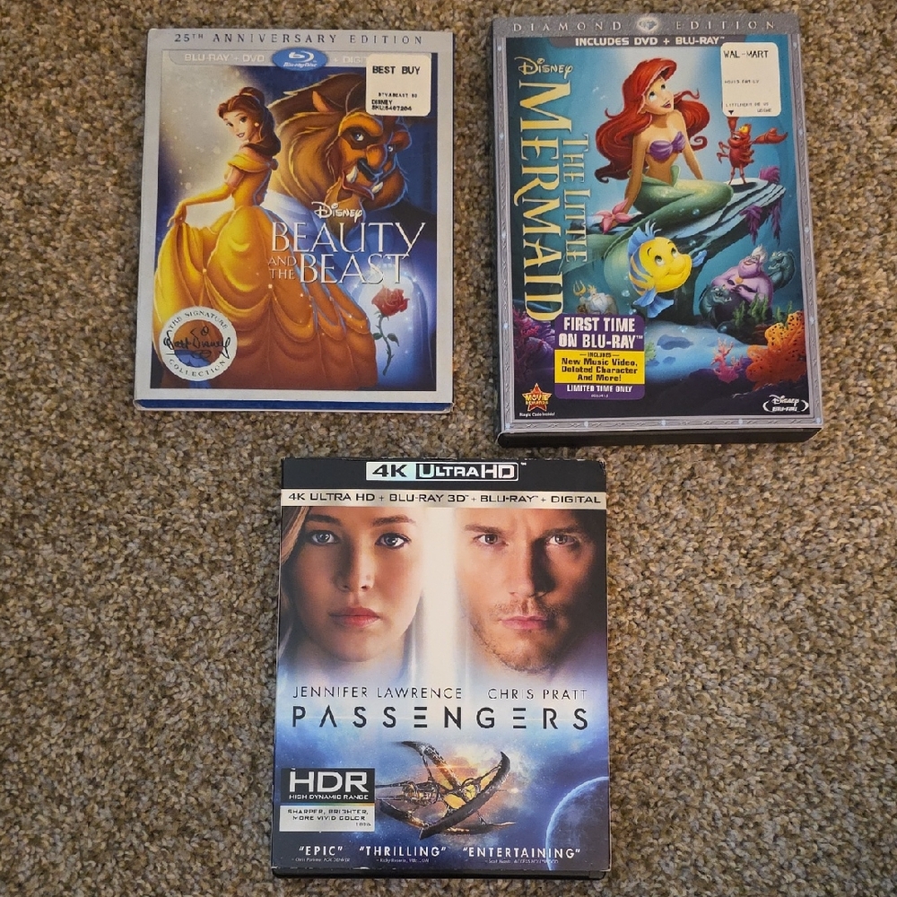Disney Blu-ray Set: Beauty and the Beast, The Little Mermaid, Passengers